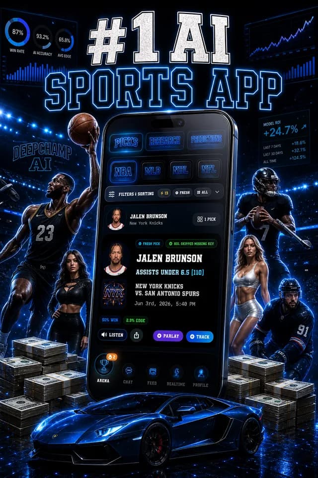 DeepChamp AI premium sports app hero artwork with a Jalen Brunson player prop screen in a cinematic electric neon-blue arena backdrop